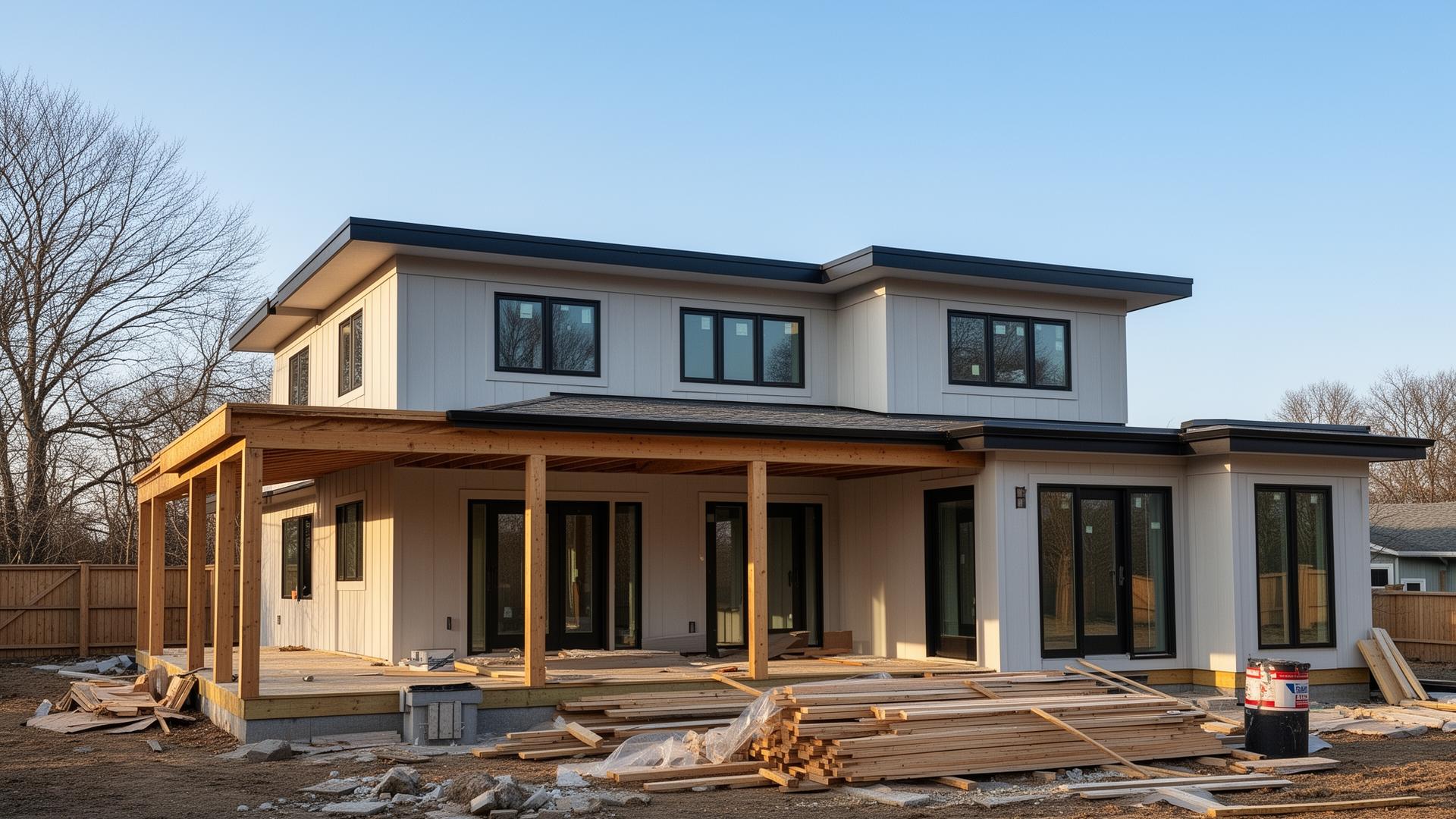 Modern Austin home addition with covered porch and large windows
