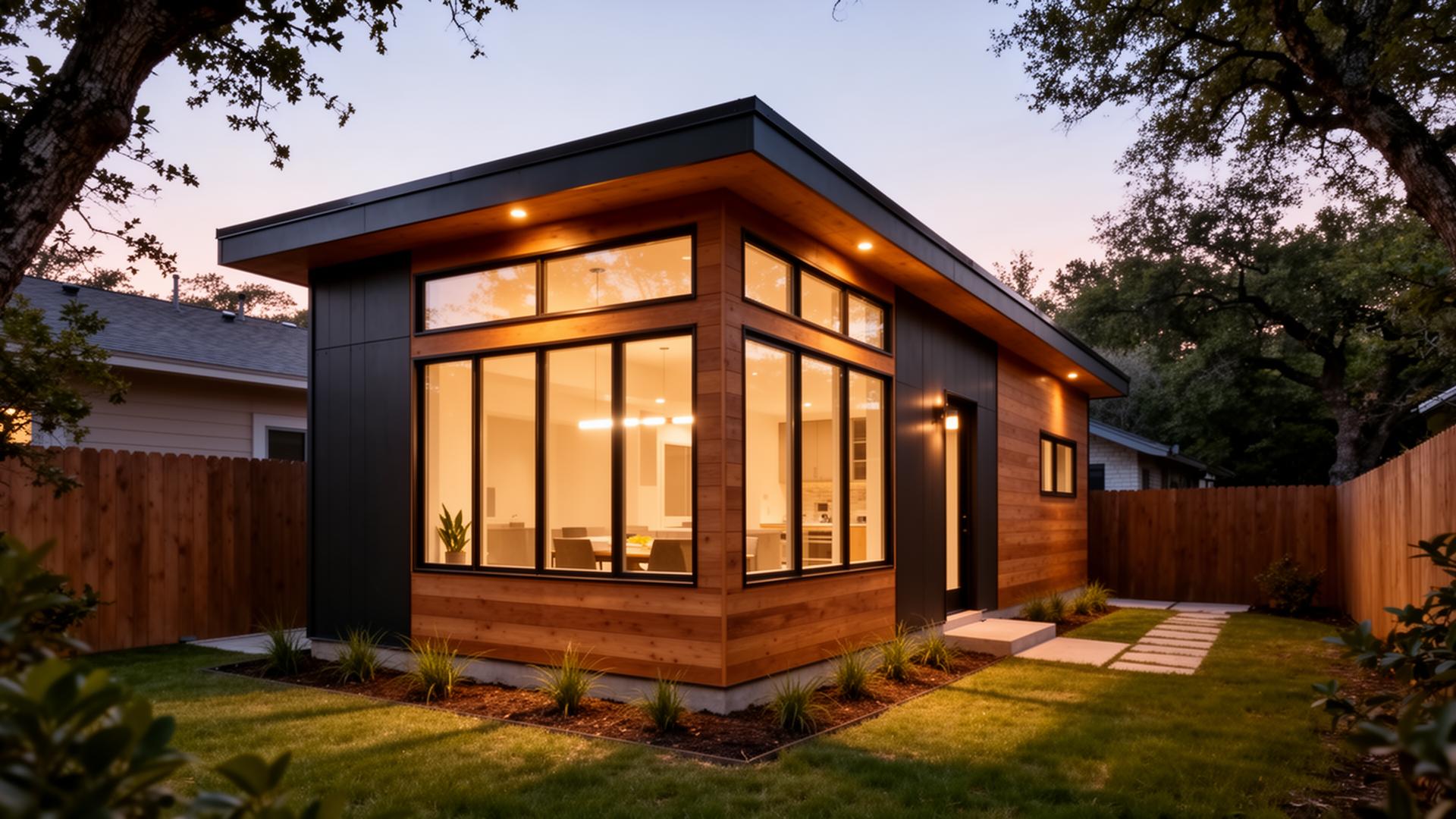 Modern Austin ADU detached accessory dwelling unit with wood siding and large windows at dusk