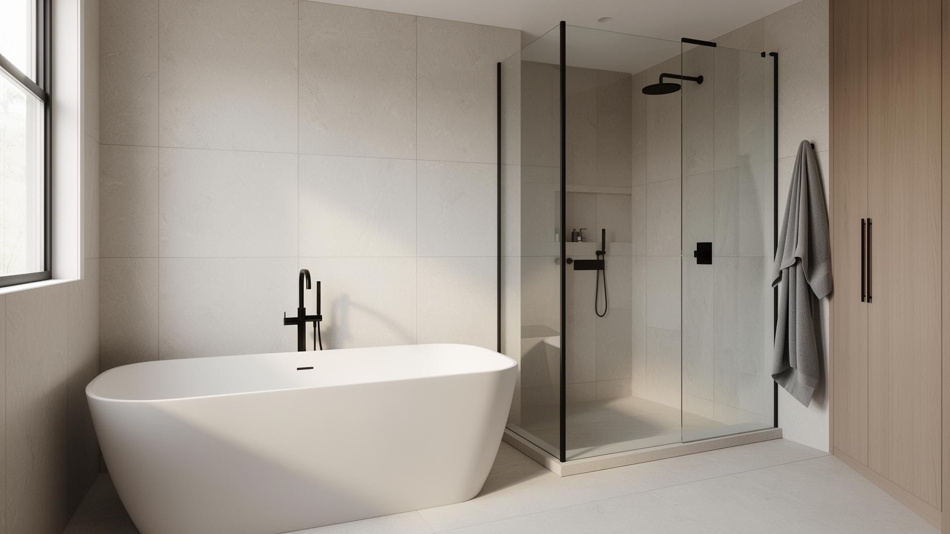Premium Austin bathroom remodel with freestanding tub, walk-in shower and matte black fixtures