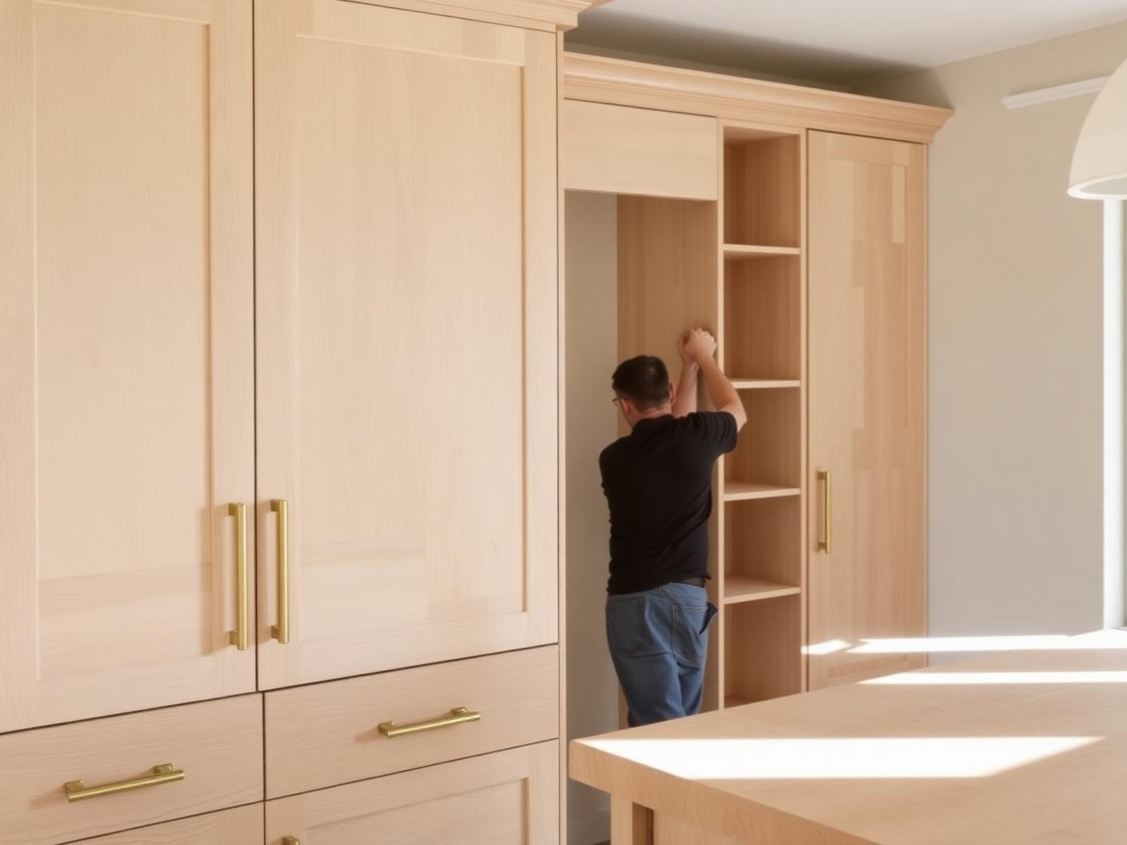 Custom white oak cabinetry being installed in an Austin kitchen with brass hardware