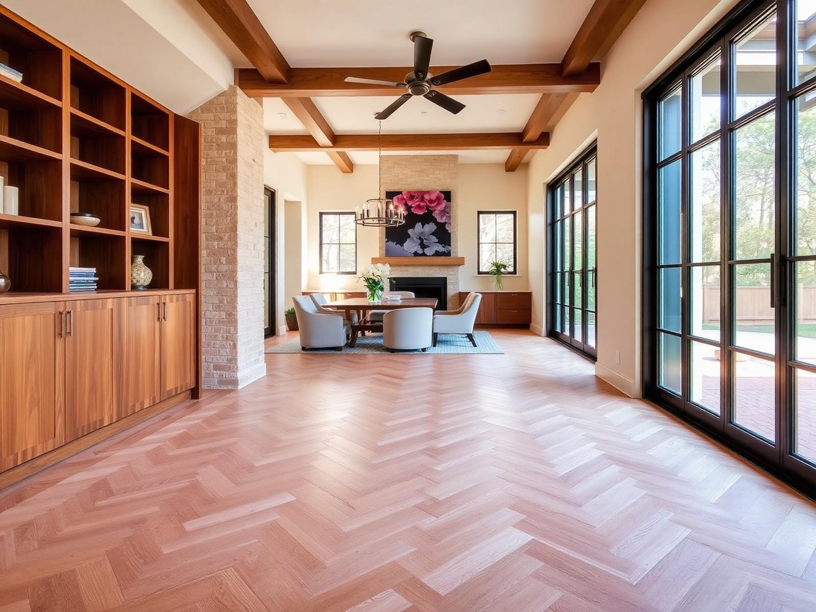 Wide-plank white oak flooring installation in an Austin home dining room