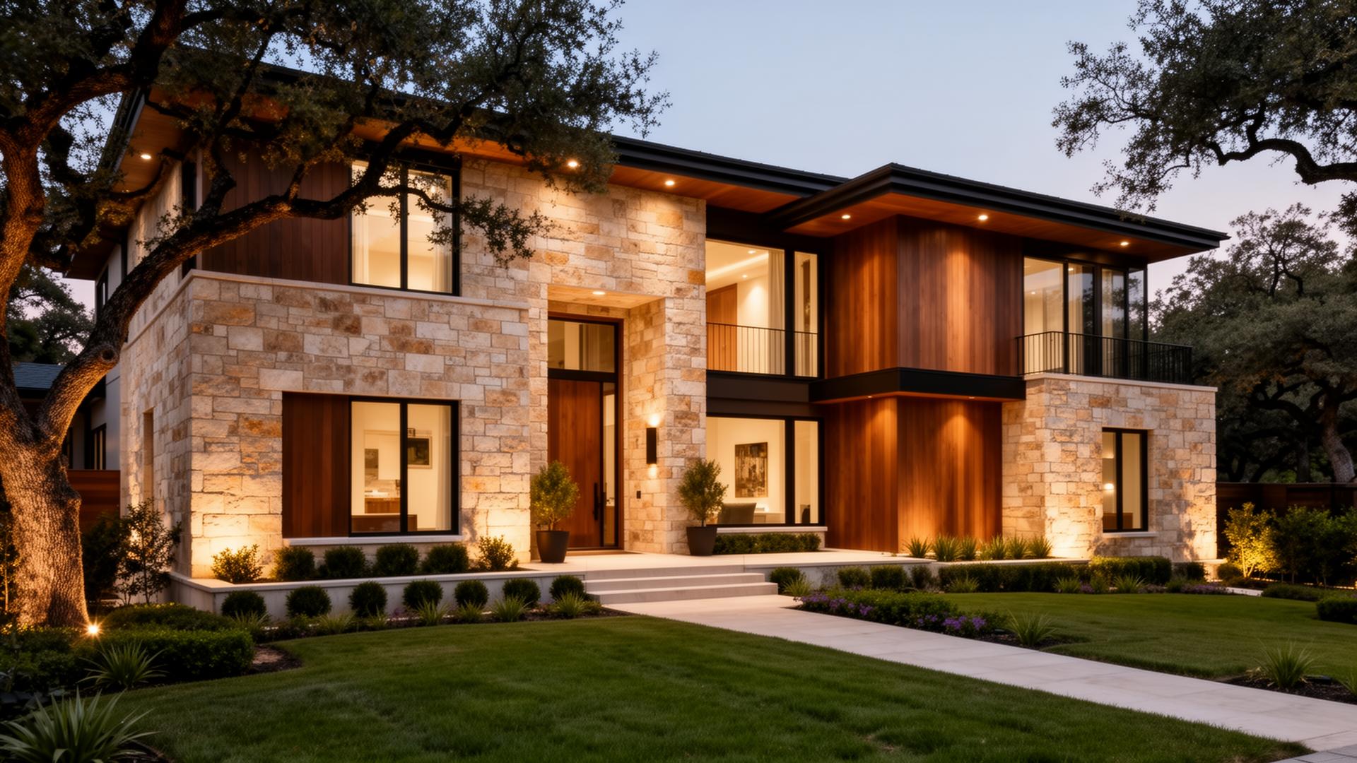Modern Austin home exterior at dusk with limestone, wood siding and warm lighting