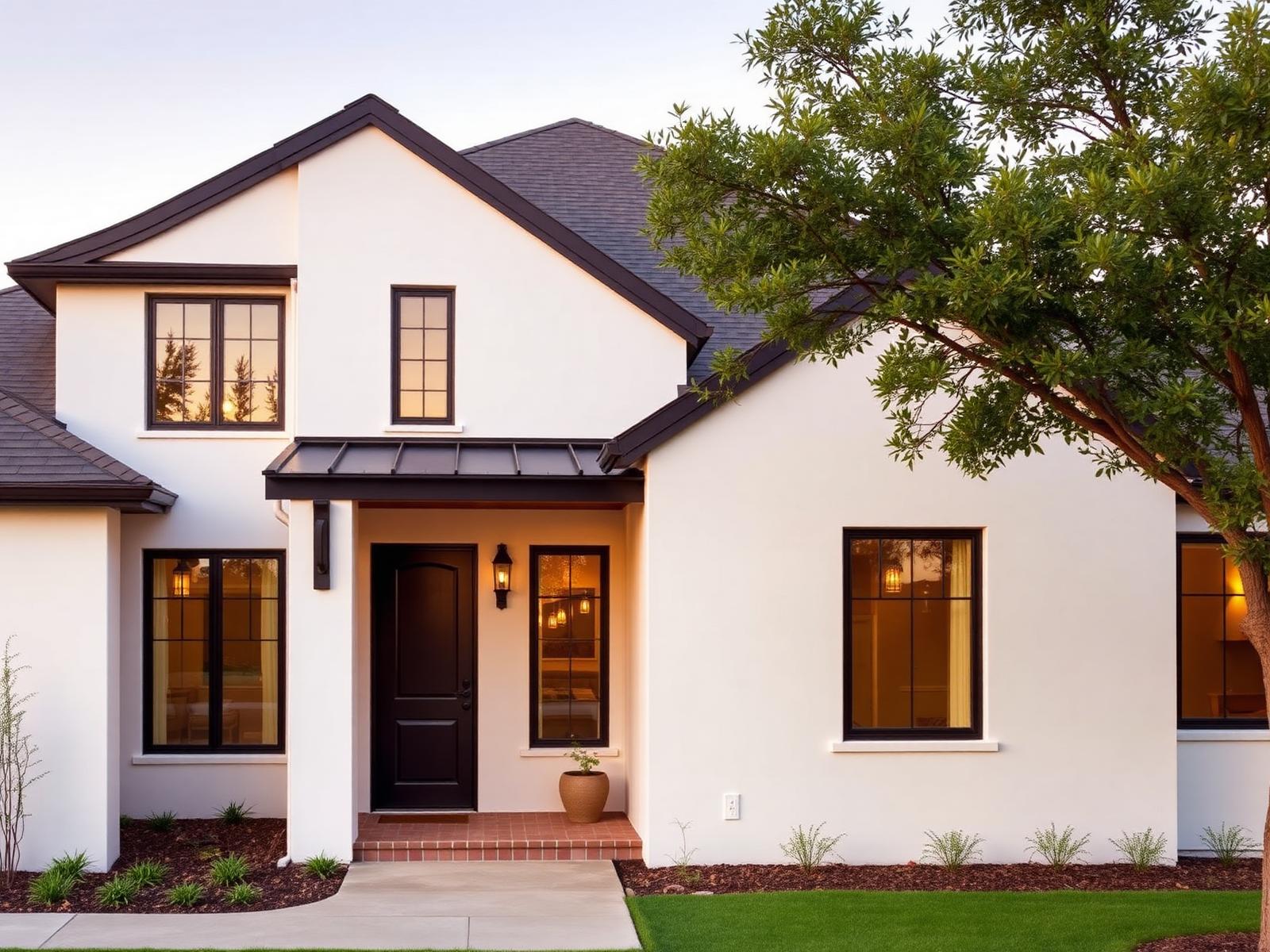 Freshly painted modern Texas Hill Country home exterior in warm white with dark trim